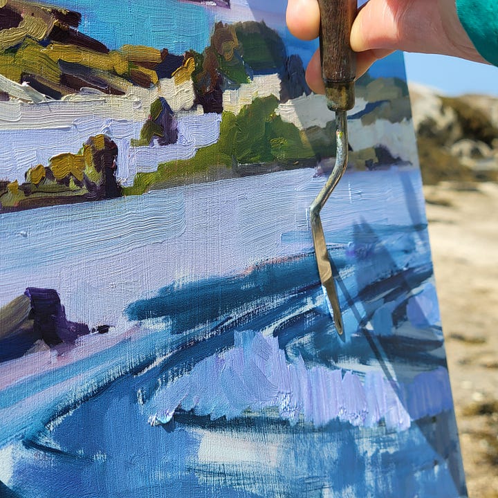 An oil painting of the rocks at Sand Beach and the artist messing up her painting.