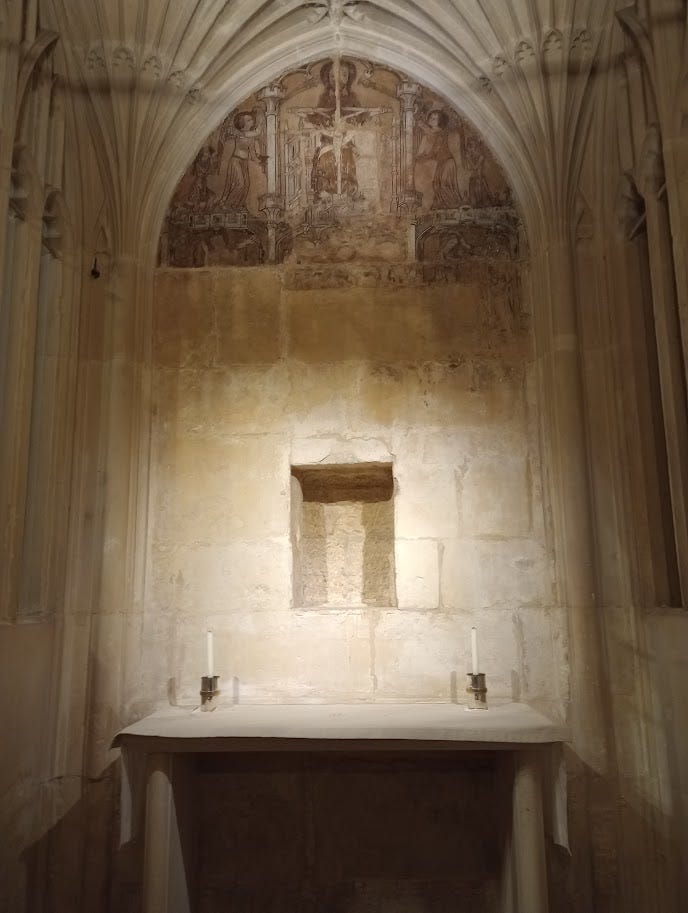 Chantry looks a bit like a cage to one side of the altar, small interior with medieval painting, and photo of effigy from guidebook