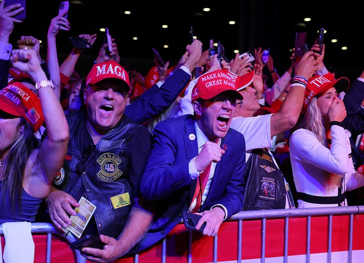 Left: A Republican supporter reacts to election results during a watch party at  The Ingleside Hotel in Pewaukee, Wisconsin. REUTERS/Vincent Alban. Right:  Supporters of Donald Trump celebrate at the Palm Beach County Convention Center  in West Palm Beach, Florida, November 6. REUTERS/Brian Snyder.