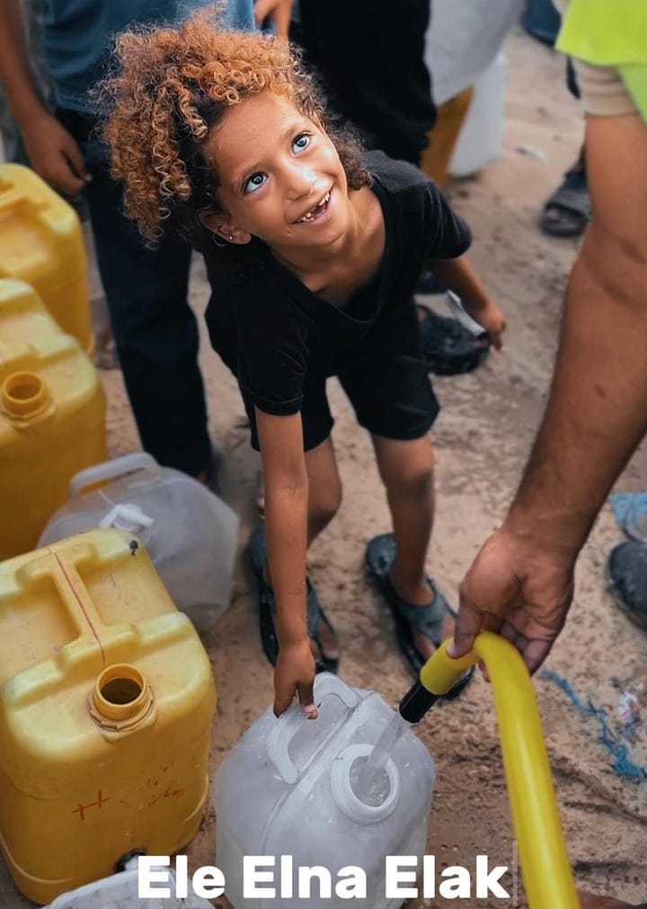 Left image of a young girl looking up and smiling. Right image of a group of EEE volunteers in front of a water distro truck.