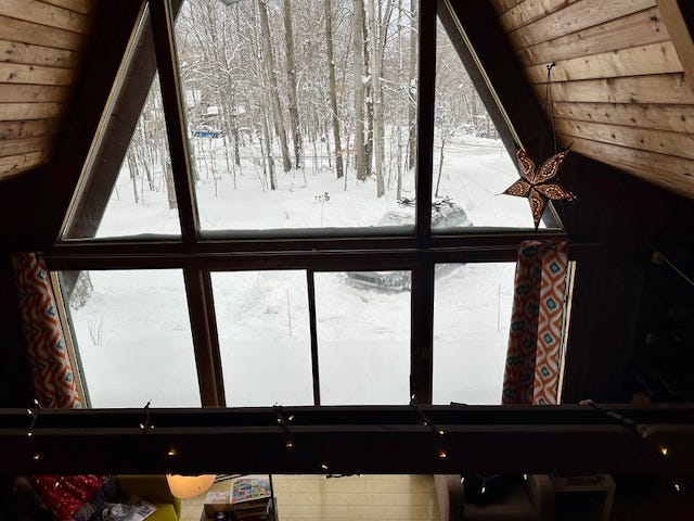 Two images with a large set of windows showing a snowy outdoor scene