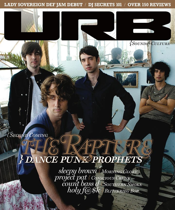 URB Magazine cover with the band The Rapture; URB Magazine editorial with photo of sneakers