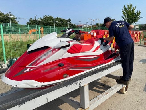 Kwon Pyong takes a selfie wearing a white shirt that reads "Xitler" and other critical names for Xi Jinping. The second image shows a motorboat.