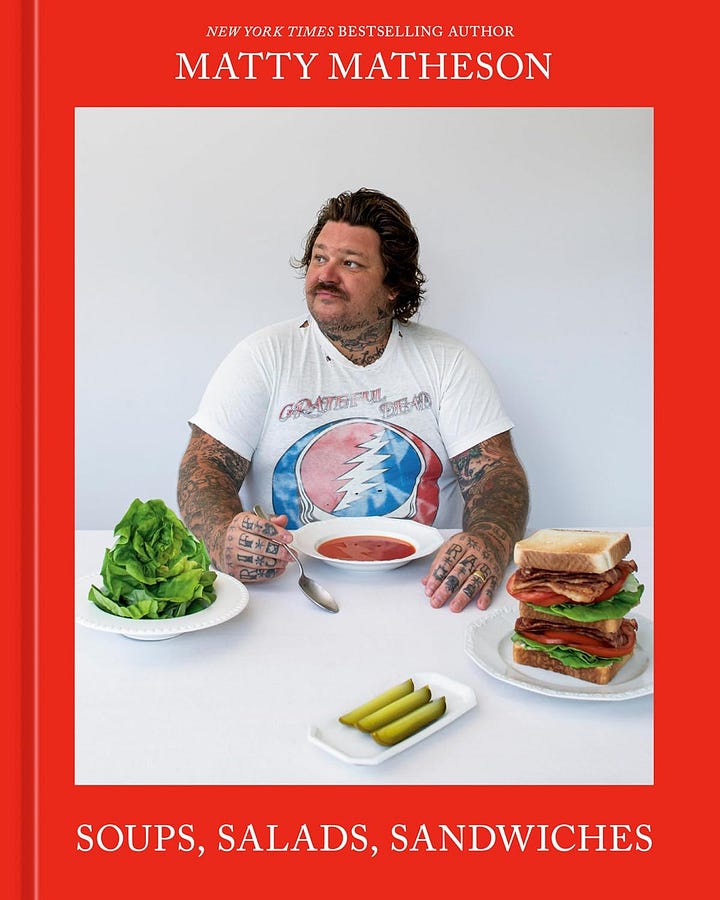 From left: The cover of Matty Matheson: Soups, Salads, Sandwiches: A Cookbook, and a blue chef's apron.