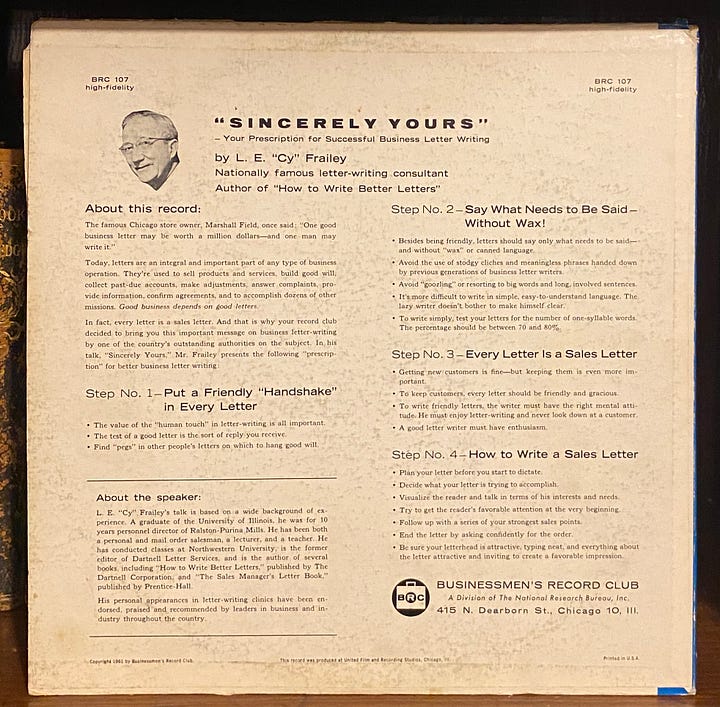 front and back cover of the instructional record Sincerely Yours by Cy Frailey