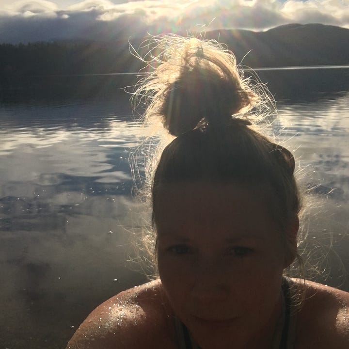 Images: 1. looking up to the top of the Scots pine trees; 2. Loch Garten just after 12pm with the sun trying to rise behind; 3. me looking pleased following a two-minute swim, with sun shining behind and glistening on the beads of water on my skin; 4. a robin peers at me from a tree.