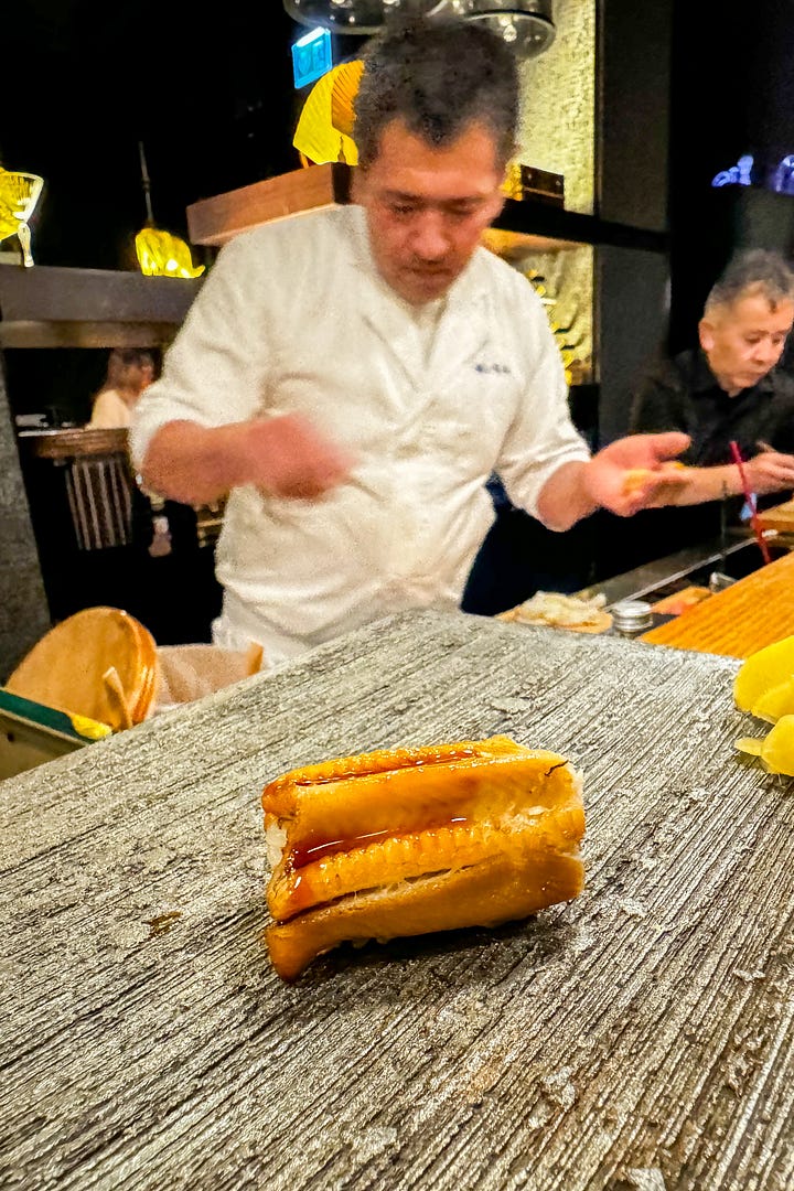 Takahisa. Sushi katabani. Sushi omakase selection: hirame, chutoro bluefin tuna, kohada, kinki rockfish, cherry trout, kuruma ebi, uni and anago sushi. 