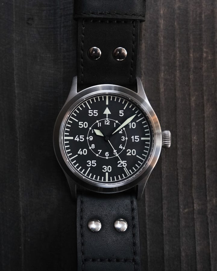 The original Type-B flieger and a current reissue from Stowa. 