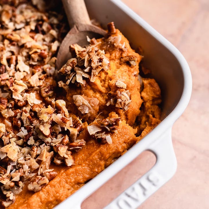 Brussels sprouts slaw and gluten-free sweet potato casserole.