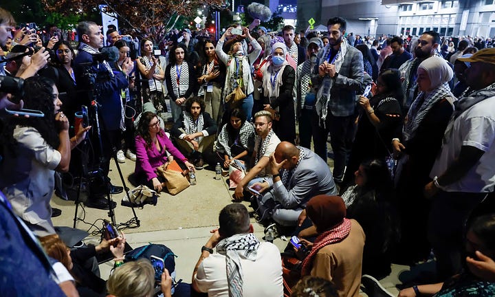 Uncommitted delegates began a sit-in outside the United Center on Wednesday after the Democratic National Committee's final refusal to allow a Palestinian American speaker to address the convention despite weeks of negotiations.