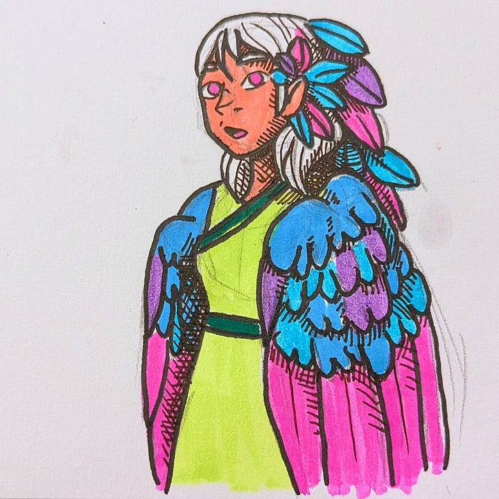 Happy Wave: pencil; Bird Girl: highlighter and ballpoint pens