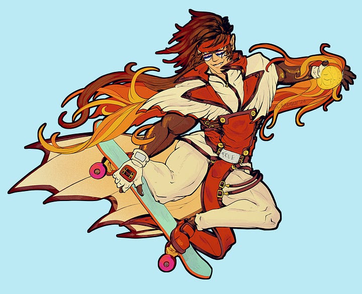 Order Sol doing a cool jumping trick with a skateboard while holding a fireball in his left hand. He's grinning and wearing mirrored aviators. One image is of his usual white and red palette while the other is his tan, gold, and brown Reload S palette.