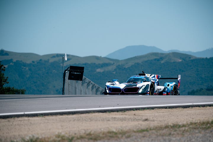 Photos of BMW M Team RLL cars attacking the track at Laguna Seca for the Monterey round IMSA sportscar championship in May 2025. Photos by Walter Fulbright.