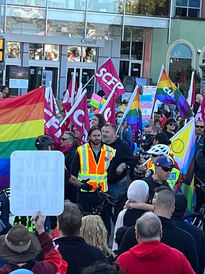 New Democratic Party (NDP) leader Jagmeet Singh, part of Canada's Trudeau coalition government, leads a union march where the union protestors said the parents protesting were "hateful". There were many official union flags and union LGBTQ official flags and signs at the aggressive counter-protest. on Sept. 20th in Ottawa.