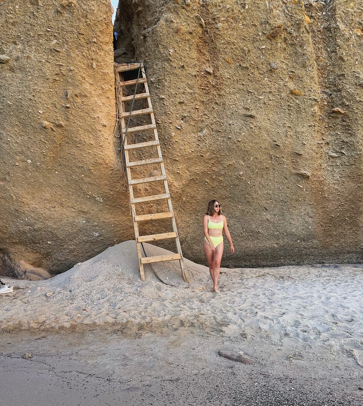 The first image on the left is of a rocky entrance to a beach in Milos Greece, and the second image on the left is of Sawyer Wilson, a freelance copywriter, standing by a ladder in a bikini on the beach.