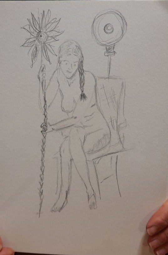 Female life model in poses with props