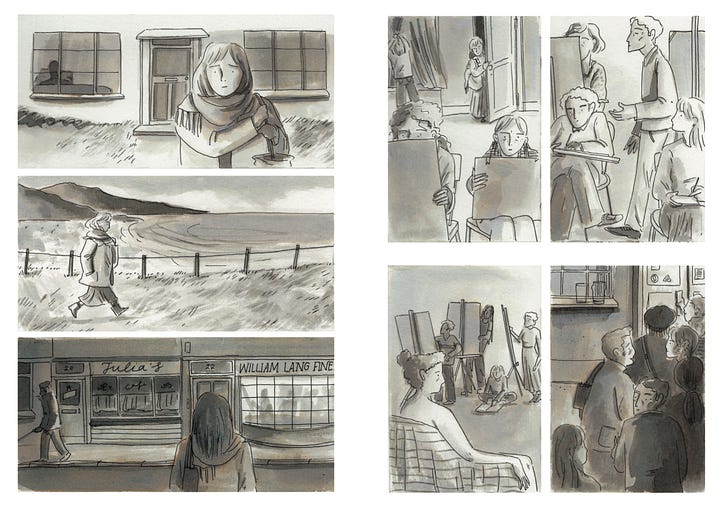 Two spreads from my book Alison. One shows Alison walking to and attending a life drawing class. The second shows Alison floating in a murky, inky sea.