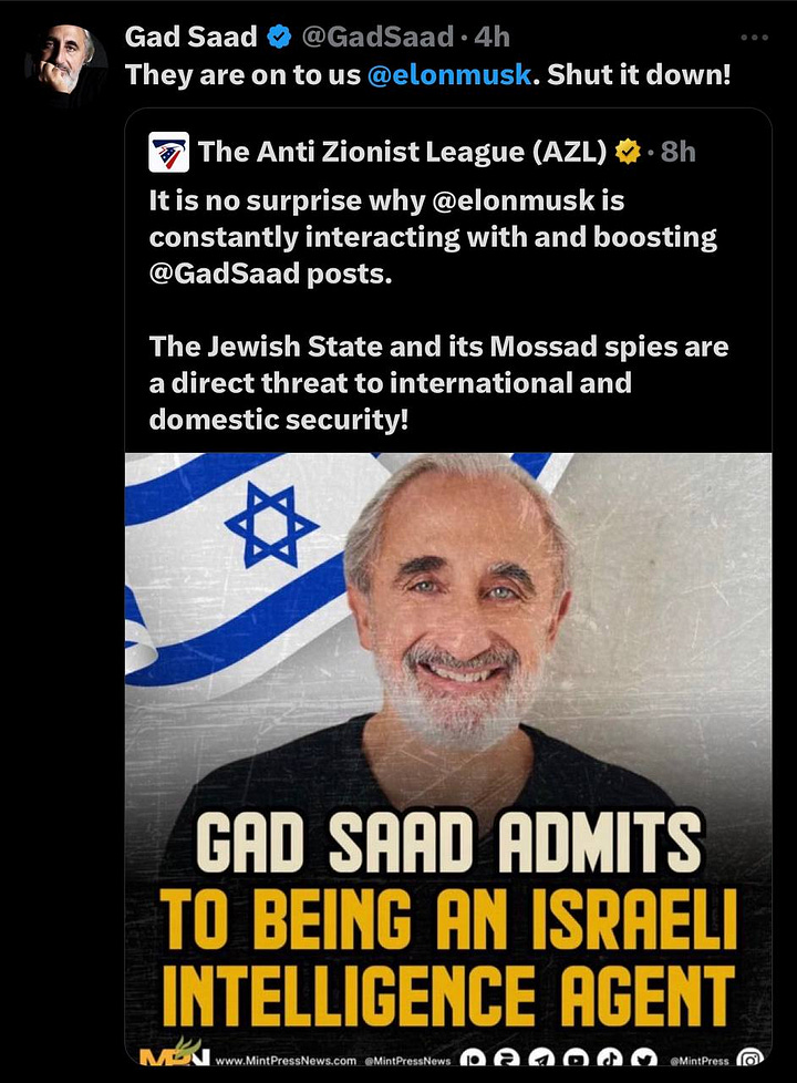 Elon Musk complies with admitted Mossad agent Gad Saad's request to shut down The Anti-Zionist League (AZL) - AF Post