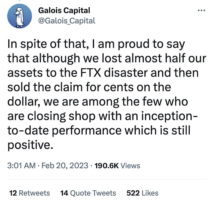 First image: Screenshot of a tweet by Galois Capital: "In spite of that, I am proud to say that although we lost almost half our assets to the FTX disaster and then sold the claim for cents on the dollar, we are among the few who are closing shop with an inception-to-date performance which is still positive." Second image: Messily-drawn gold star with Comic Sans text reading "it's something"
