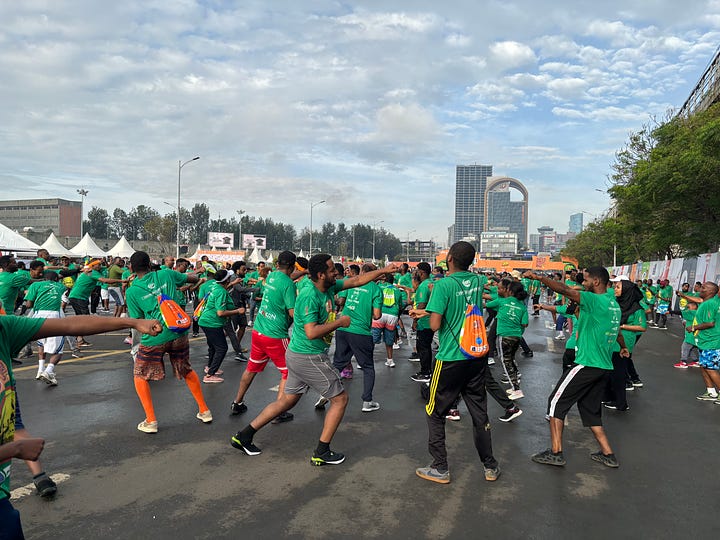 High-energy warming-up before the start of the Great Ethiopian Run.  