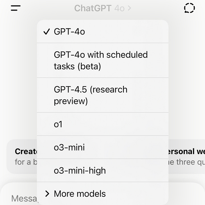A series of three screenshots displaying different AI chatbot model selection menus. The first image shows an AI assistant with options for different search and reasoning models, including 'Auto,' 'Pro,' 'Deep Research,' and reasoning models like 'R1' and 'o3-mini.' The second image is from the Claude AI interface, showing available models such as 'Claude 3.7 Sonnet,' 'Claude 3.5 Haiku,' and older versions like 'Claude 3 Opus.' The third image is from ChatGPT, listing models including 'GPT-4o,' 'GPT-4o with scheduled tasks (beta),' 'GPT-4.5 (research preview),' and smaller models like 'o1' and 'o3-mini.' Each interface presents model options with varying capabilities for users to select based on their needs.