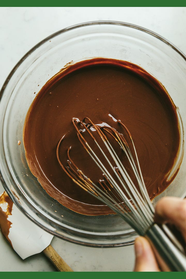 Making chocolate custard and a serving of custard in a bowl. 