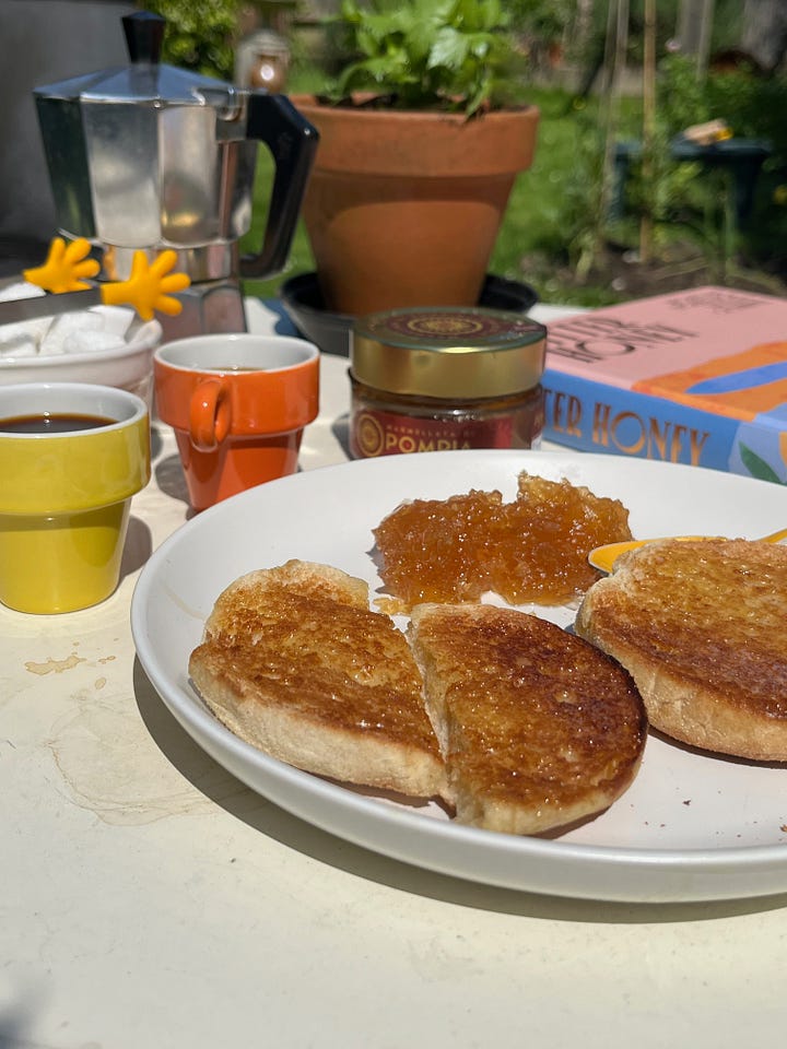 First image has muffins with butter, two small cups with espresso coffee, a book about Sardinian food and a closed jar of pompia marmalade. The second image has a hand holding a small jar of Pompia marmalade