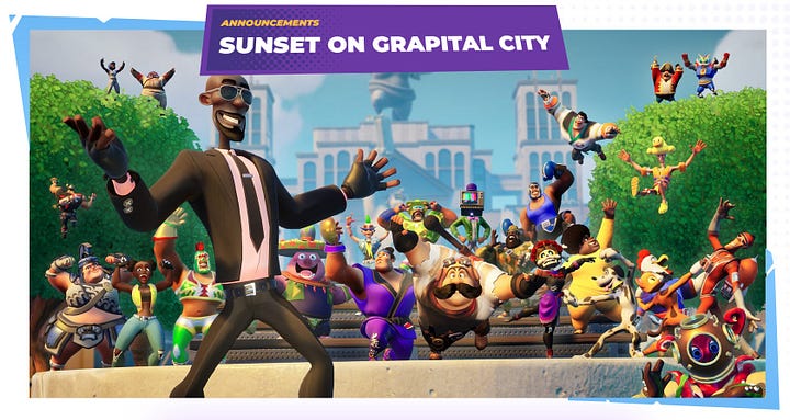 Alcuni personaggi del gioco Rumbleverse e il titolo "Sunset on Grapital City", "Tramonto su Grapital City".