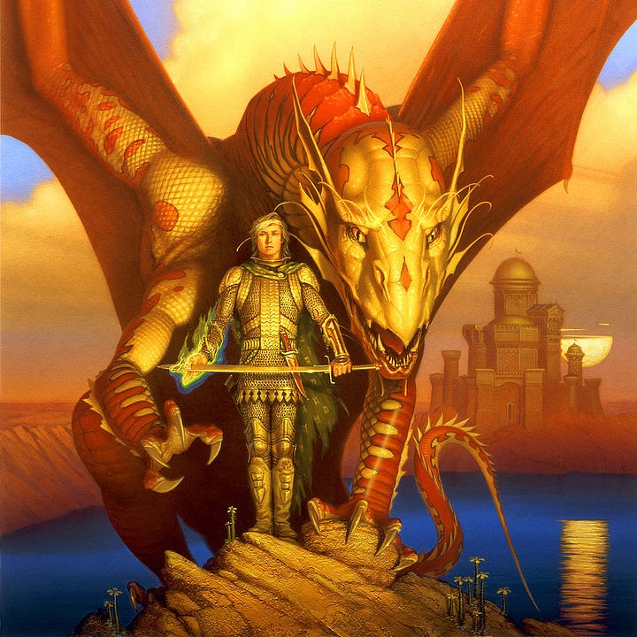 LEFT: Detail of a man in chain armor and tattered cloak with a bandage wrapping his head holding out a sword as his hand ignites in blue green flame. A majestic red and gold dragon perches on the rock with him extending wings. RIGHT: Tonal concept for DRAGON LORD that mirrors the final layout but with no flame igniting on the man's right hand and no additional moons hanging high in the sky.