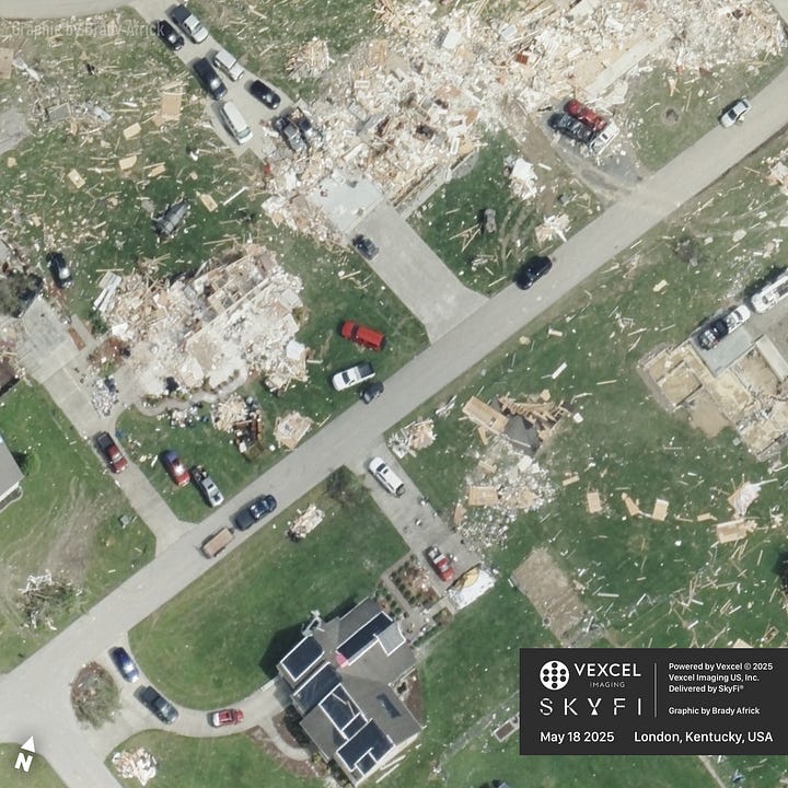 Damage from a tornado and storms in London, Kentucky, USA | Powered by Vexcel © 2025 Vexcel Imaging US, Inc. | Delivered by SkyFi® | Graphic by Brady Africk