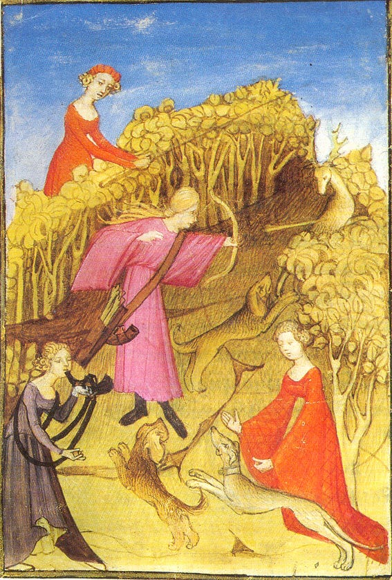 Images of medieval manuscripts illustrating women working in masonry, harvest, and teaching geometry.