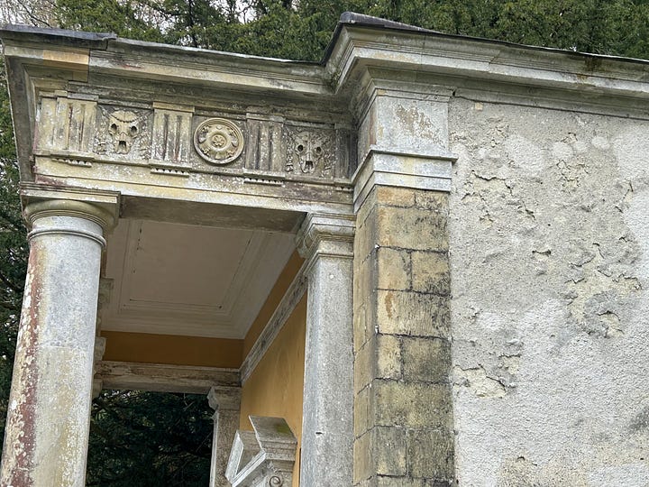 Gothic walls and entrances are to be found at Stourhead Garden along with temples.