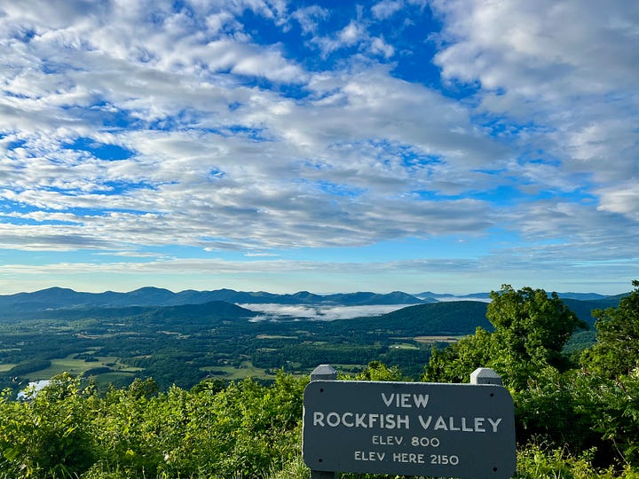 Cloudy view of Rockfish Valley, and a clear view with blue skies and white clouds