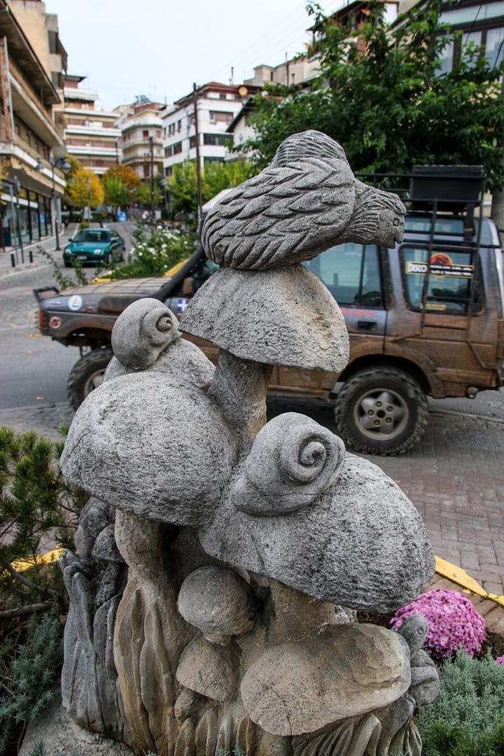 Mushroom statue in Grevena and Ottoman bridge