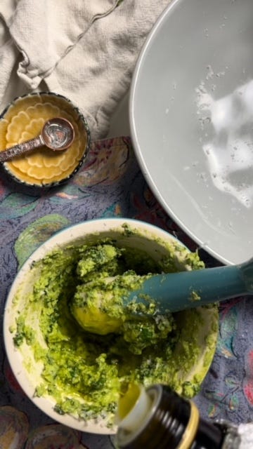 Pesto Genovese pine nuts italian cheese basil smashed together with a mortar pestle