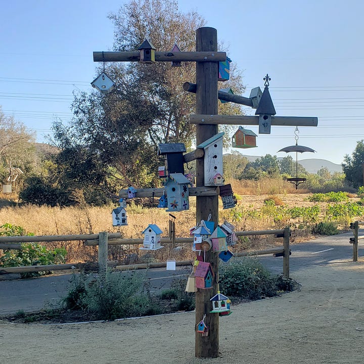 Photos of handmade birdhouses.