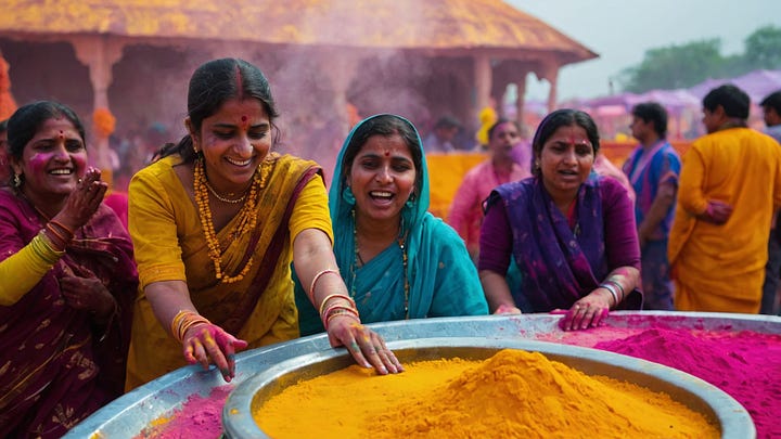 These images evoke the deep connections and communal joy of Holi, the festival of colors. In the first, a couple shares a tender, color-streaked moment, their closeness framed by whispers of tradition and love. The second picture captures a group of women, their laughter and camaraderie shining as bright as the vivid powders they delight in. Each image, rich with the festival's hues, celebrates not just a cultural event, but the very essence of human togetherness and the shared happiness that colors every aspect of life during this festive time.
