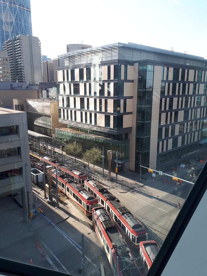 Calgary library. Wooden roof structure; lights and windows; sunset shining in through a large window; LRT trains running under the building.