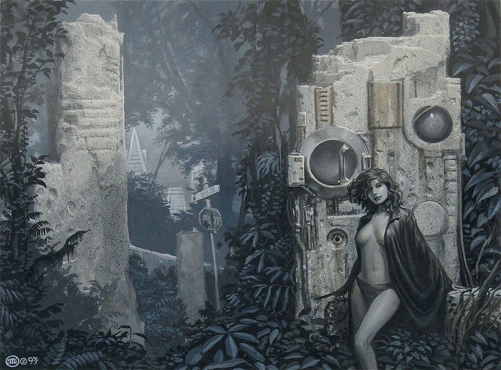 LEFT: Sepia toned alternative preliminary concept for HOT SKY AT MIDNIGHT featuring a naked man with smooth skin where his eyes would be. On a stone path surrounding water, he sits with arms resting on his knees. The reflection in the water is of barren tree limbs. RIGHT: Tonal preliminary concept for HOT SKY AT MIDNIGHT featuring a scantily clad woman with black shoulder length hair. She wears bikini bottoms and a silky cape. With one arm back resting on stone behind her, the fabric slides nearly exposes her breasts. In her other hand, she wields a knife at her hip. Behind her are ruins made of concrete mixed with technology in a state overgrown with jungle vegetation. Through a break in the trees a skyscraper resembling the Transamerica Pyramid and another building can be seen.