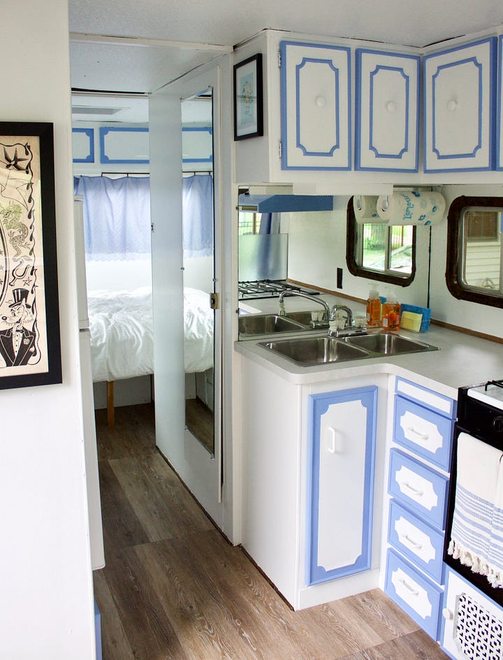 vintage trailer shown in disrepair and after renovations, painting and decorating