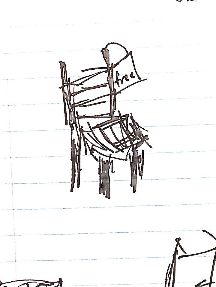 A very hasty messy black ink sketch of a chair, next to a photo of the same chair. The chair in the photo is wooden, and has what was once a woven cane seat, but the seat has come apart and now looks like a terrible nest. Like a messy sketch, really.