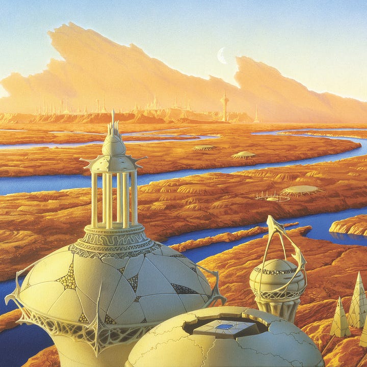 LEFT: Close detail of the pair of Martian men in the foreground seated next to a pool of water reflecting the sky. The comet descends in the far distance positioned over their heads. RIGHT: Close detail of the trio of domed towers in the foreground of DESCENT. In the far distance behind, a Martian city is nestled on a rise with a dramatic sweep of mountain angling upward as a backdrop.