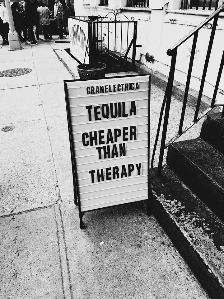 Tequila sidewalk sign. A bottle of Fortaleza Tequila. Photos Gonzalo Sarno and Christopher Alvarenga, Unsplash.