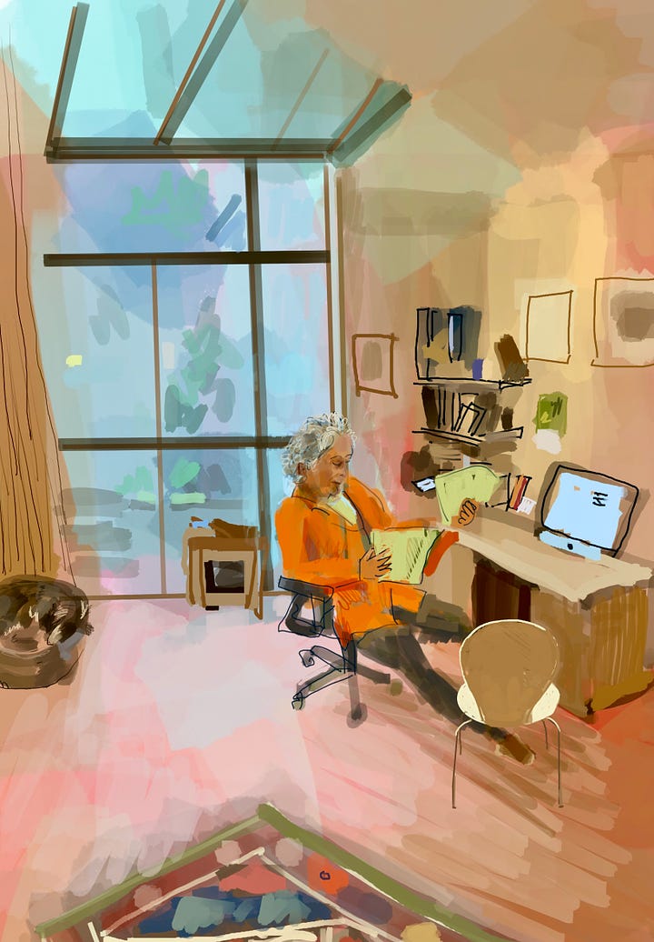 Close-up on two figures from the first picture on the page. A dog in his basket, a man reading papers at his desk and a woman at her computer.
