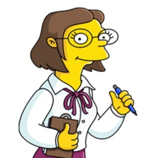 left image is of Miss Hoover from the Simpsons, with glasses and short brown hair, wearing a white blouse; right image is of Mr. Burns from The Simpsons, with his liver spots and bald head and bad teeth and wearing his usual suit and doing his steepled fingers pose