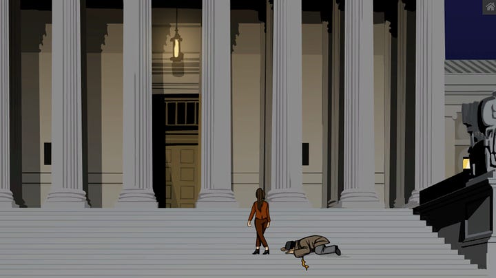 Dramatic rendition of the poisoning of Justice Antonin Scalia on the steps of the Supreme Court building by a mysterious woman who walks away from his prone body