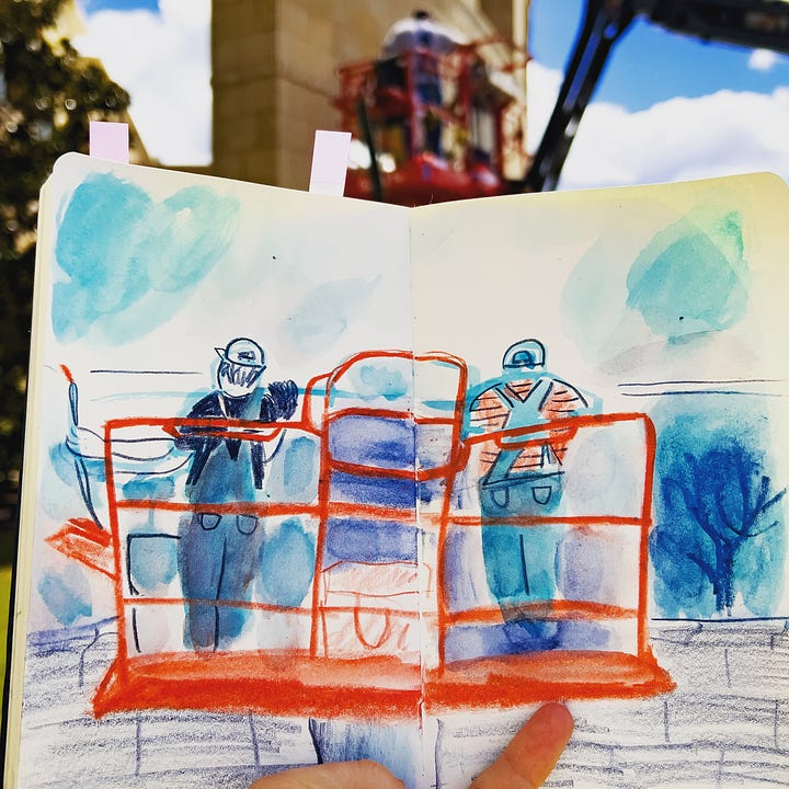 sketchbook drawings of window washers and a guy at a pharmacy