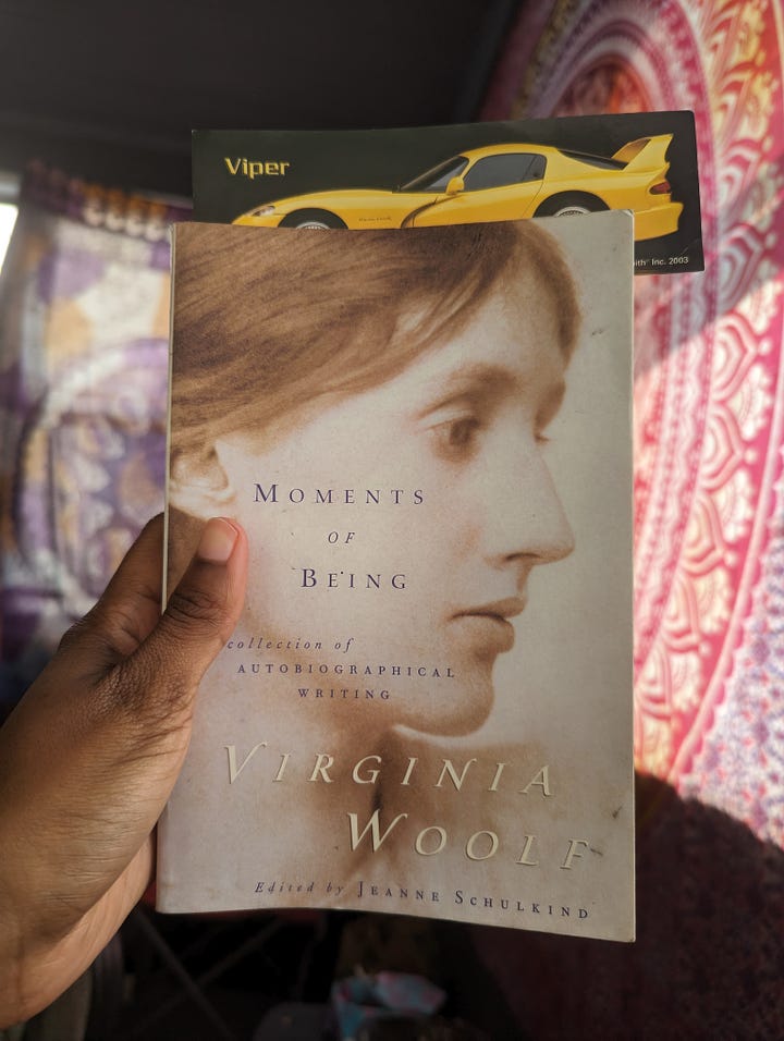 Covers of "Moments of Being" by Virginia Woolf and "PET" by Akwaeke Emezi