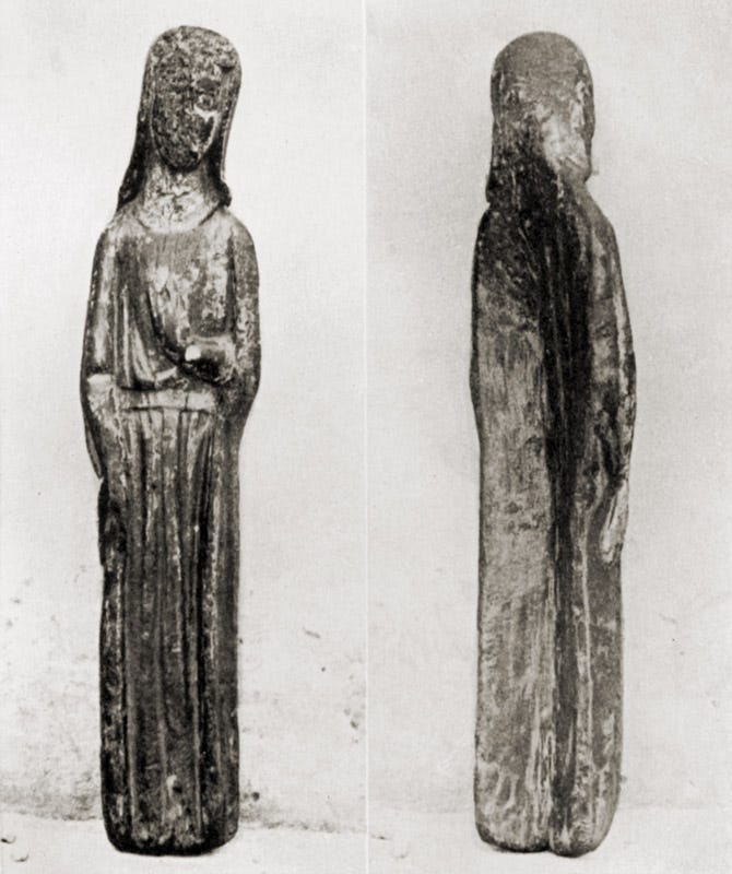 Medieval woman carving representing St. Gobnait made from oak