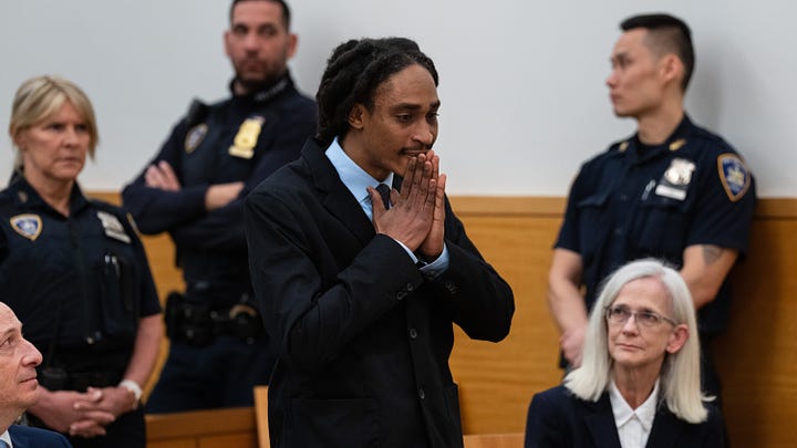 Top left: Maurice Hastings seated, smiling, in a courtroom, flanked by lawyers at a hearing in an L.A. courtroom. Photo by J. Emilio Flores / AP. Top right: Sheldon Thomas standing in a courtroom, holding his hands in prayer formation to his face. Photo by James Estrin/The New York Times. Bottom left: Sidney Holmes, 57, cries after he was exonerated in a Broward county courtroom on Monday. Photograph: South Florida Sun-Sentinel/TNS. Bottom right: Anthony Broadwater seen outdoors on a street lined with businesses and buildings. Photo by Benjamin Cleeton for The New York Times.